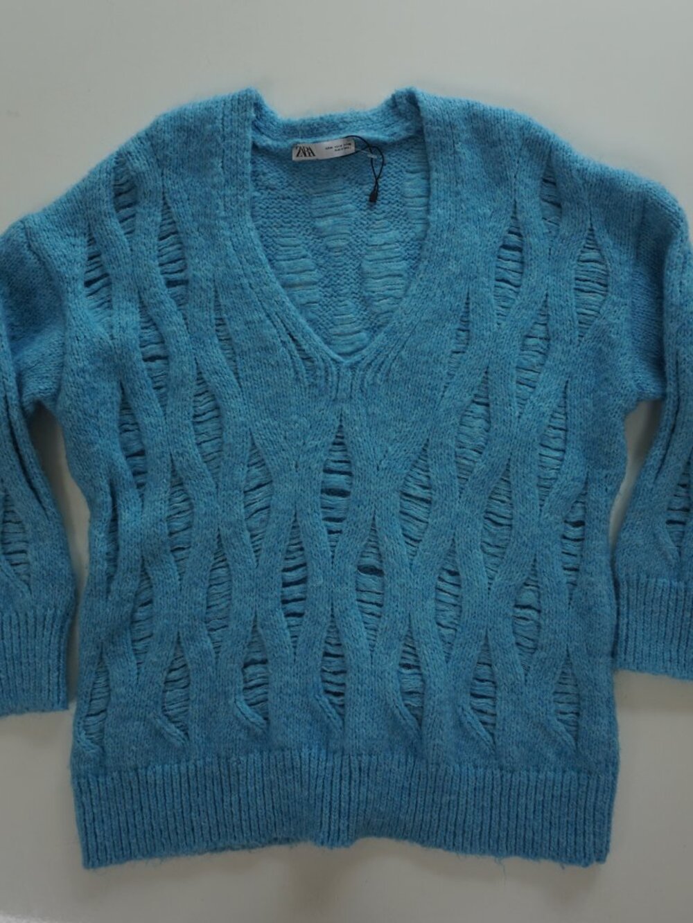 NWOTs Zara Open Knit Distressed Wool Blend V Neck Blue Sweater M